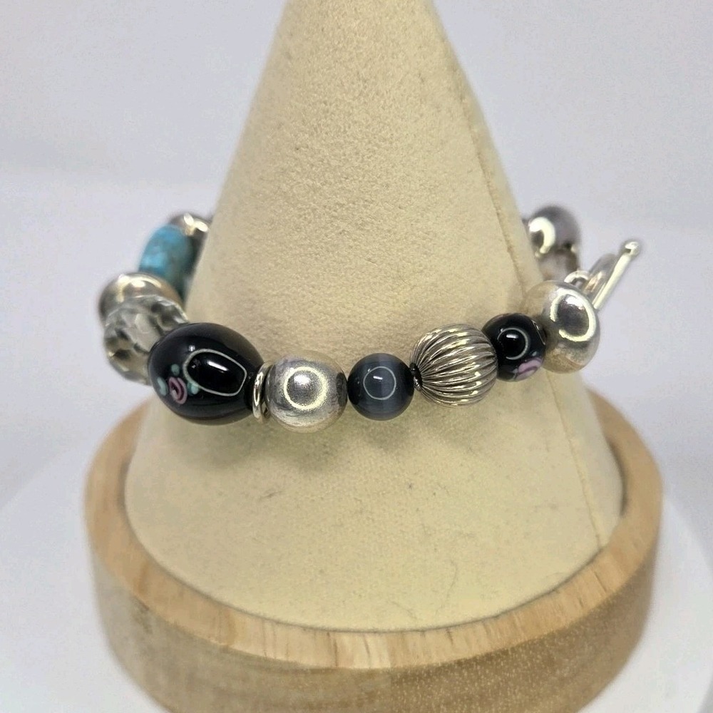 Jordan Sterling Silver 925 Turquoise Bear Fetish Lampwork Toggle Bracelet - Picture 3 of 10